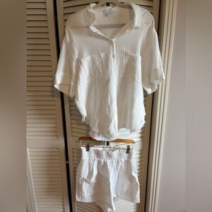 Miou Muse White Gauze Button-Up Top and Elastic Waist Shorts Set